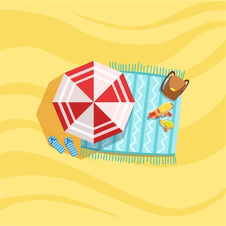 Backpack , Water Guns And Umbrella Spot On The Beach Composition. Place On The Sand With Vacation Attributes From Above Bright Color Vector Illustration. Stock Photo - Budget Royalty-Free & Subscription, Code: 400-08779801