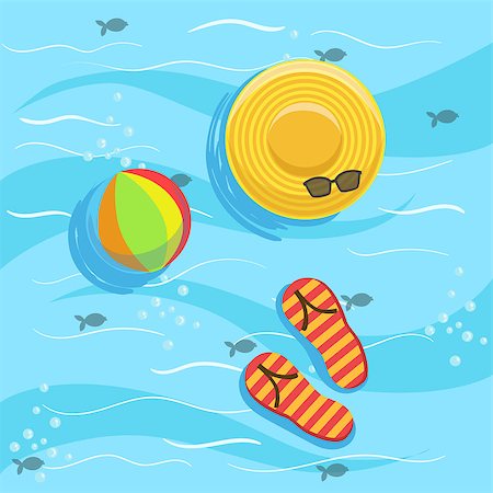 Hat, Flip-Flops And Ball With Blue Sea Water On Background. Beach Vacation Related Illustration Drawn From Above In Simple Vector Cartoon Style. Stock Photo - Budget Royalty-Free & Subscription, Code: 400-08779810