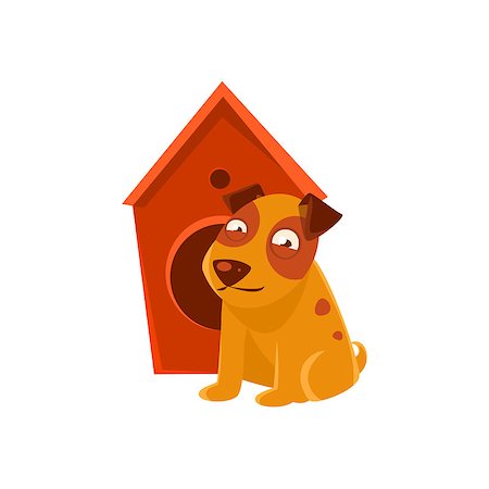 simsearch:400-08835139,k - Smiling Puppy Next To Wooden Kennel. Dog Everyday Activity Childish Drawing Isolated On White Background. Funny Animal Colorful Vector Sticker. Stock Photo - Budget Royalty-Free & Subscription, Code: 400-08779868