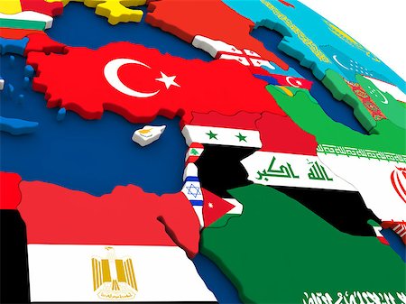 simsearch:400-08889669,k - Map of Middle East on globe with embedded flags of countries. 3D illustration. Photographie de stock - Aubaine LD & Abonnement, Code: 400-08770247