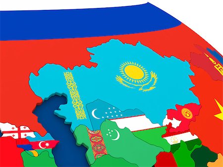simsearch:400-08493882,k - Map of Kazakhstan on globe with embedded flags of countries. 3D illustration. Stock Photo - Budget Royalty-Free & Subscription, Code: 400-08770284