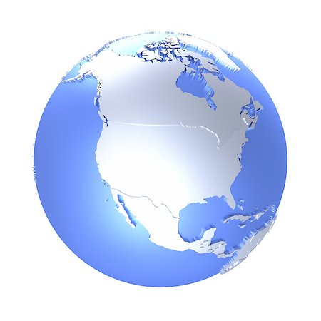 simsearch:400-08696226,k - North America on bright metallic model of planet Earth with blue ocean and shiny embossed continents with visible country borders. 3D illustration isolated on white background. Foto de stock - Super Valor sin royalties y Suscripción, Código: 400-08770342