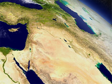Israel, Lebanon, Jordan, Syria and Iraq with surrounding region with surrounding region as seen from Earth's orbit in space. 3D illustration. Elements of this image furnished by NASA. Fotografie stock - Microstock e Abbonamento, Codice: 400-08770513