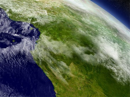 Cameroon, Gabon and Congo with surrounding region as seen from Earth's orbit in space. 3D illustration with detailed planet surface and clouds. Elements of this image furnished by NASA. Photographie de stock - Aubaine LD & Abonnement, Code: 400-08770521