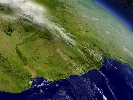 simsearch:400-08735733,k - Uruguay with surrounding region as seen from Earth's orbit in space. 3D illustration with highly detailed planet surface and clouds in the atmosphere. Elements of this image furnished by NASA. Stock Photo - Budget Royalty-Free & Subscription, Code: 400-08770537