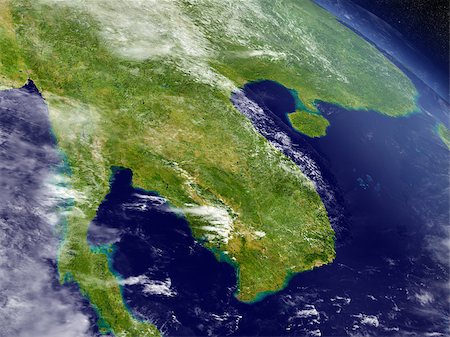 Laos and Cambodia with surrounding region as seen from Earth's orbit in space. 3D illustration with detailed planet surface and clouds in the atmosphere. Elements of this image furnished by NASA. Foto de stock - Super Valor sin royalties y Suscripción, Código: 400-08770531
