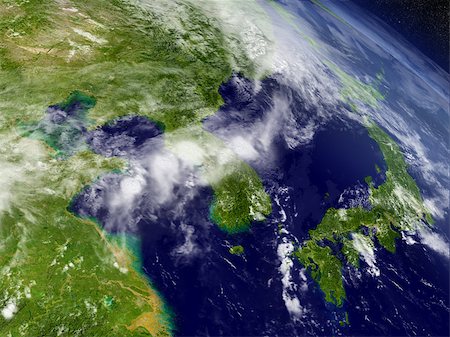 simsearch:400-08735733,k - South Korean and North Korea with surrounding region as seen from Earth's orbit in space. 3D illustration with detailed planet surface and clouds. Elements of this image furnished by NASA. Stock Photo - Budget Royalty-Free & Subscription, Code: 400-08770532