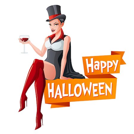 Sexy brunette woman sitting with glass of wine in Dracula vampire Halloween costume and fangs. Cartoon style vector illustration with text isolated on white background. Stock Photo - Budget Royalty-Free & Subscription, Code: 400-08770889