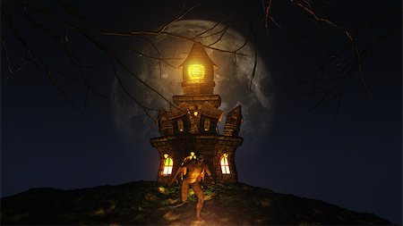 3D render of a Halloween background with creature running from spooky castle Stock Photo - Budget Royalty-Free & Subscription, Code: 400-08771036