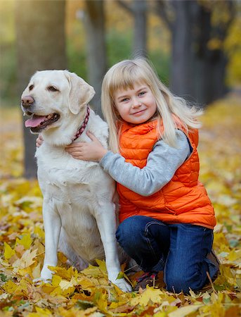 A beautiful girl and her dog Labrador retriever posing in autumn park. Yellow and orange leaves around. Foto de stock - Super Valor sin royalties y Suscripción, Código: 400-08771140