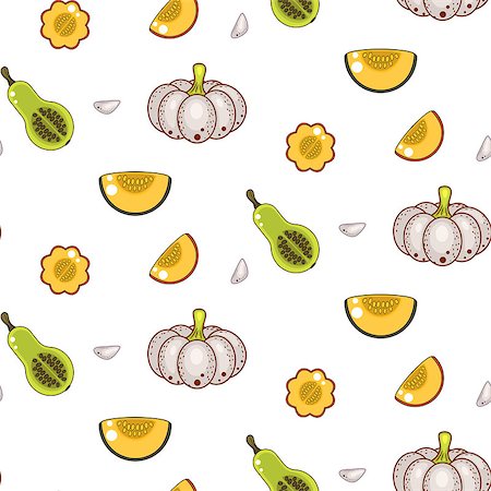 simsearch:400-05693480,k - Autumn harvest seamless vector pattern. White gourd pumpkins and garlic cloves tileable white background. Stock Photo - Budget Royalty-Free & Subscription, Code: 400-08771216