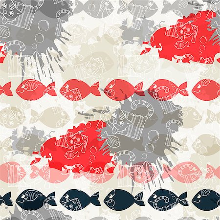 Seamless pattern with cat and fish on the background of colorful blots inks.A series of strange animals.Crazy Cat .Such simple pleasures. Photographie de stock - Aubaine LD & Abonnement, Code: 400-08771261