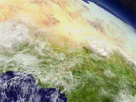 simsearch:400-08735733,k - Niger and Nigeria with surrounding region as seen from Earth's orbit in space. 3D illustration with detailed planet surface and clouds in the atmosphere. Elements of this image furnished by NASA. Stock Photo - Budget Royalty-Free & Subscription, Code: 400-08771373