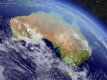 simsearch:400-08735733,k - Australia with surrounding region as seen from Earth's orbit in space. 3D illustration with highly detailed planet surface and clouds in the atmosphere. Elements of this image furnished by NASA. Stock Photo - Budget Royalty-Free & Subscription, Code: 400-08771389