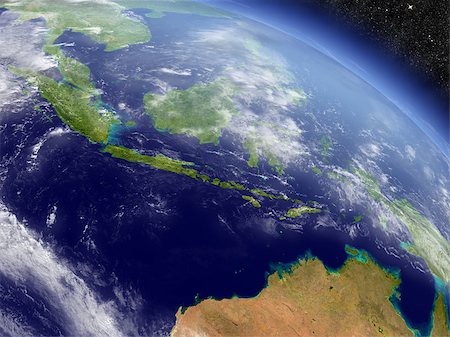simsearch:400-08735733,k - Indonesia with surrounding region as seen from Earth's orbit in space. 3D illustration with highly detailed planet surface and clouds in the atmosphere. Elements of this image furnished by NASA. Stock Photo - Budget Royalty-Free & Subscription, Code: 400-08771390