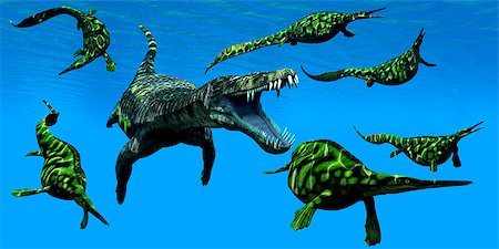 simsearch:400-08694325,k - A Nothosaurus marine reptile attacks a pod of Hepehsuchus dinosaurs in a Triassic Ocean. Foto de stock - Super Valor sin royalties y Suscripción, Código: 400-08771668