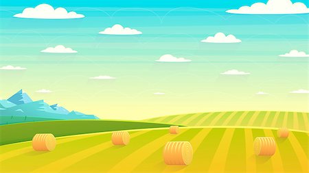 Natural landscape, hay field. Cartoon illustration style. Flat design Stock Photo - Budget Royalty-Free & Subscription, Code: 400-08771704