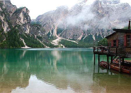 Boathouse on the Lake Braies on The Dolomite Mountains in Italy Stock Photo - Budget Royalty-Free & Subscription, Code: 400-08771846