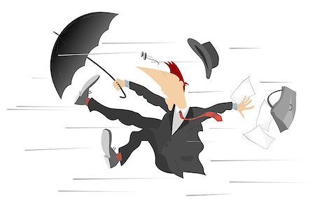 people fall cartoon - Man caught up by the wind, is trying to keep the umbrella and bag Stock Photo - Budget Royalty-Free & Subscription, Code: 400-08771910