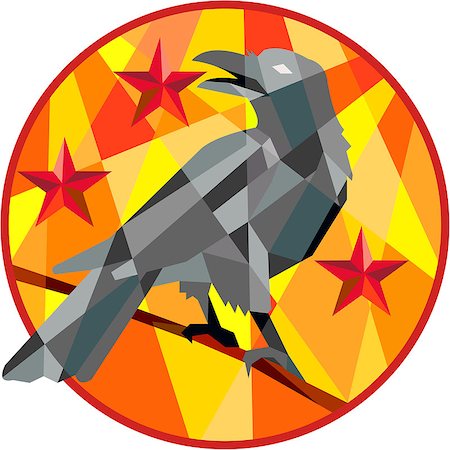 Low polygon style illustration of a crow bird perched on a piece of wood looking back set inside circle with stars in the background. Foto de stock - Super Valor sin royalties y Suscripción, Código: 400-08771949