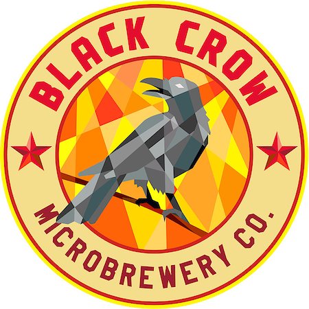 Low polygon style illustration of a crow bird perched on a piece of wood looking back set inside circle with the words Black Crow Microbrewery Co. Stockbilder - Microstock & Abonnement, Bildnummer: 400-08771950