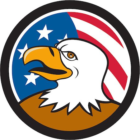 simsearch:400-06891855,k - Illustration of an american bald eagle head smiling viewed from the side with usa american stars and stripes flag in the background set inside circle done in cartoon style. Fotografie stock - Microstock e Abbonamento, Codice: 400-08771970
