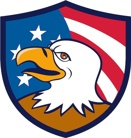 simsearch:400-06891855,k - Illustration of an american bald eagle head smiling viewed from the side with usa american stars and stripes flag in the background set inside shield crest done in cartoon style. Fotografie stock - Microstock e Abbonamento, Codice: 400-08771971