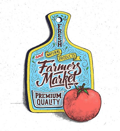 Farmers market lettering on cutting board. Retro vintage motivational quote poster with hand lettering and typography. Fresh and natural products retail advertising banner. Vector illustration Stock Photo - Budget Royalty-Free & Subscription, Code: 400-08772002