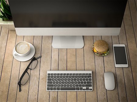 breakfast with a computer, telephone and coffee 3d illustration Stock Photo - Budget Royalty-Free & Subscription, Code: 400-08772250