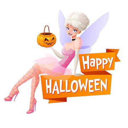 dressing up as a cat for halloween - Sexy blond woman sitting with jack-o-lantern pumpkin basket in fairy Halloween costume. Cartoon style vector illustration with text isolated on white background. Stock Photo - Budget Royalty-Free & Subscription, Code: 400-08772275