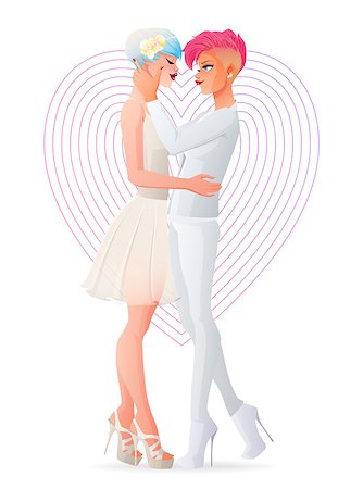 sexual equality - Happy beautiful wedding gay lesbian homosexual hugging couple in love. Nontraditional wedding cartoon vector illustration isolated on white background. Foto de stock - Super Valor sin royalties y Suscripción, Código: 400-08772276