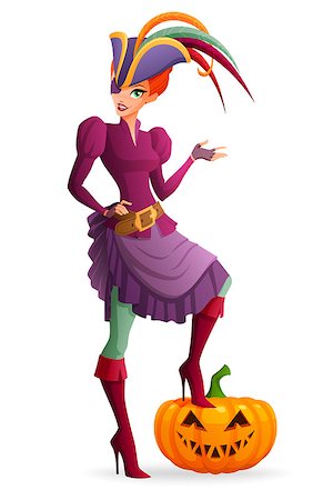 Sexy redhead woman in purple pirate Halloween costume with pumpkin. Cartoon style vector illustration isolated on white background. Stock Photo - Budget Royalty-Free & Subscription, Code: 400-08772279