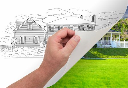 simsearch:400-08772366,k - Male Hand Turning Page of Custom Home Photograph to Drawing Underneath. Stock Photo - Budget Royalty-Free & Subscription, Code: 400-08772359