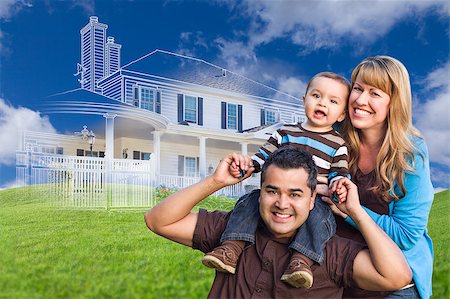 simsearch:400-08254335,k - Mixed Race Family with Ghosted House Drawing, Partial Photo and Rolling Green Hills Behind. Fotografie stock - Microstock e Abbonamento, Codice: 400-08772366