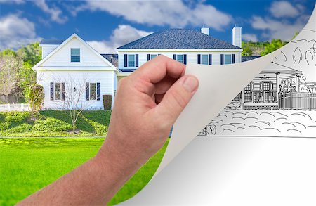 simsearch:400-08772366,k - Male Hand Turning Page of Custom Home Photograph to Drawing Underneath. Stock Photo - Budget Royalty-Free & Subscription, Code: 400-08772360