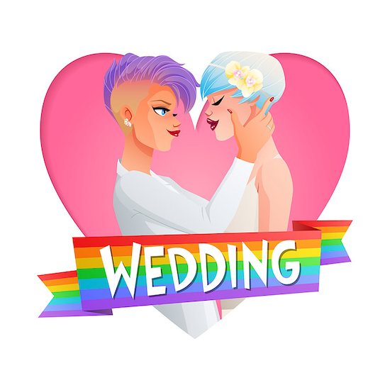 Cute beautiful gay lesbian homosexual hugging couple in love. Nontraditional wedding cartoon vector illustration in heart frame with text and rainbow flag. Stock Photo - Royalty-Free, Artist: maia3000, Image code: 400-08772711