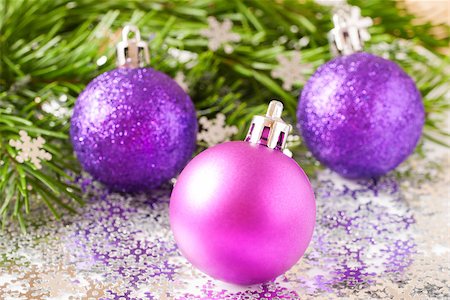 fascinadora (artist) - fir tree branch and Christmas toys bauble and snow flares confetti with copy space Stock Photo - Budget Royalty-Free & Subscription, Code: 400-08772732