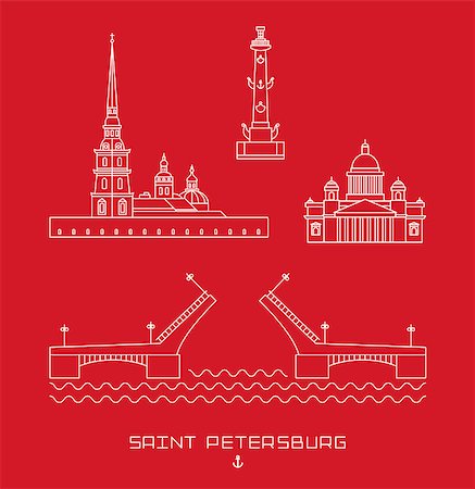 Vector illustration icon set - symbols of Saint Petersburg, Russia. Simple white line drawn on red background Stock Photo - Budget Royalty-Free & Subscription, Code: 400-08773474