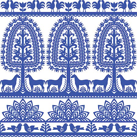 Vector blue design of horse, tree and chickens - folk design from the region of Kurpie in Poland Stock Photo - Budget Royalty-Free & Subscription, Code: 400-08773578