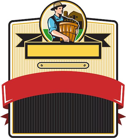 simsearch:400-07422645,k - Illustration of an organic farmer carrying basket of harvest crops looking to the side with barn in the background set inside circle and badge with ribbon done in retro style. Photographie de stock - Aubaine LD & Abonnement, Code: 400-08773646