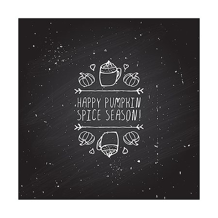 simsearch:400-08793659,k - Hand-sketched typographic element with pumpkins, hearts, pumpkin spice latte and text on blackboard background. Happy pumpkin spice season Stock Photo - Budget Royalty-Free & Subscription, Code: 400-08773665