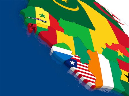 simsearch:400-08888674,k - Map of Liberia, Sierra Leone and Guinea with embedded flags on 3D political map. Accurate official colors of flags. 3D illustration Stock Photo - Budget Royalty-Free & Subscription, Code: 400-08773788