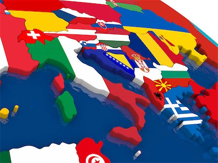 Map of Italy with embedded flags on 3D political map. Accurate official colors of flags. 3D illustration Stock Photo - Budget Royalty-Free & Subscription, Code: 400-08773790