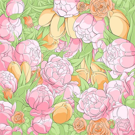 freehand - Floral illustration with peonies, roses and tulips flowers Stock Photo - Budget Royalty-Free & Subscription, Code: 400-08773803