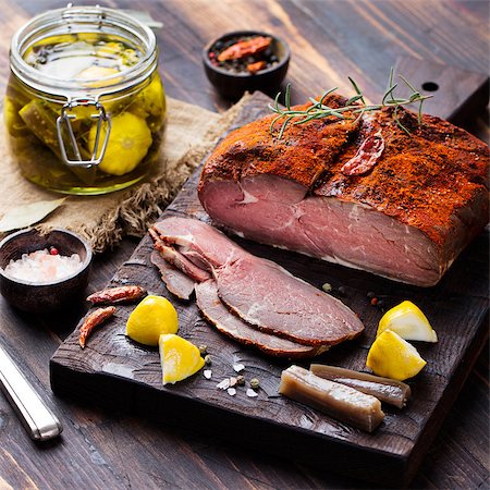 Beef pastrami sliced, roasted beef, slow cooking with marinated in olive oils eggplants on wooden board Photographie de stock - Aubaine LD & Abonnement, Code: 400-08773852