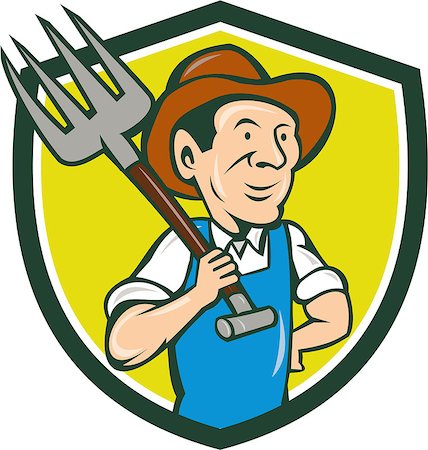 Illustration of organic farmer holding pitchfork on shoulder looking to the side viewed from front set inside shield crest on isolated background done in cartoon style. Foto de stock - Super Valor sin royalties y Suscripción, Código: 400-08773874