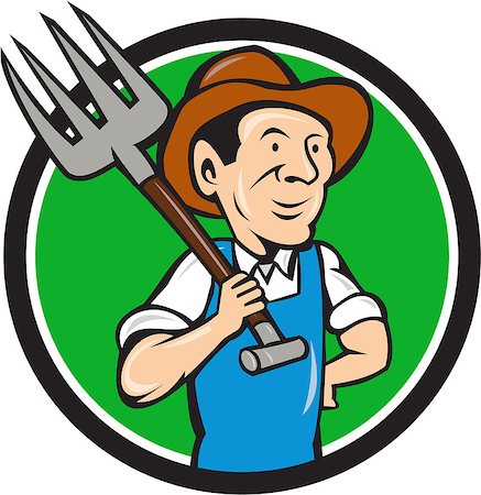 Illustration of organic farmer holding pitchfork on shoulder looking to the side viewed from front set inside circle on isolated background done in cartoon style. Foto de stock - Super Valor sin royalties y Suscripción, Código: 400-08773873