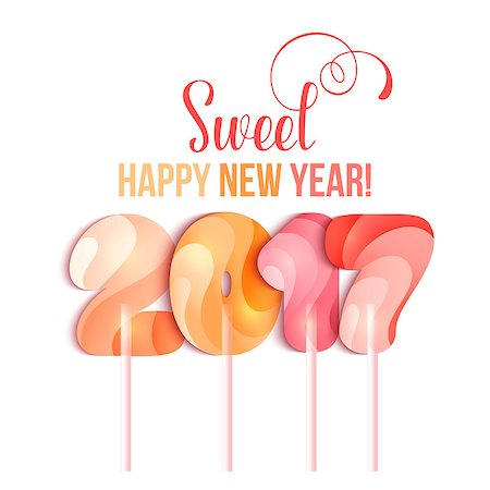 Sign New Year 2017 in shape of candy on stick. Year number striped like holiday candies. Vector design element for christmas, new years day, sweet-stuff, winter holiday, new years eve Stock Photo - Budget Royalty-Free & Subscription, Code: 400-08773944