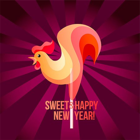 Sign New Year 2017 in shape of candy on stick. Year rooster striped like holiday candies. Vector design element for christmas, new years day, sweet-stuff, winter holiday, new years eve Stock Photo - Budget Royalty-Free & Subscription, Code: 400-08773941