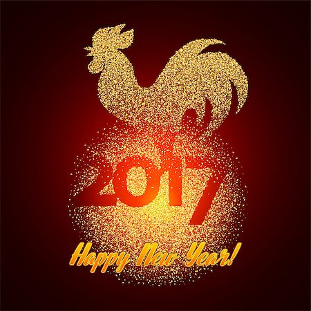 simsearch:400-08411550,k - Golden glitter rooster with sparkles on black background. Chinese symbol for the year 2017. Rooster silhouette with gold glitter confetti numbers 2017. Vector illustration. Stock Photo - Budget Royalty-Free & Subscription, Code: 400-08773942